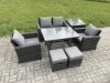 Fimous 6 Seater Outdoor Garden Furniture High Back Rattan Sofa Dining Table Set with SideTable 2 Small Footstools Dark Grey Mixed