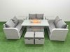 Fimous 8 Seater PE Wicker Rattan Furniture Sofa Sets with Firepit Dining Table 2 Seater Love Sofa 2 Stool 2 Side Table Light Grey