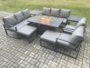 Fimous Aluminium Outdoor Garden Furniture Set Patio Lounge Sofa Gas Fire Pit Dining Table Set with 2 Side Tables 2 Big Footstools Dark Grey