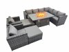 Fimous Garden Rattan Furniture Set 10 Seater Outdoor Corner Sofa 2 Chair Gas Firepit Dining Table Set with 2 Big Stools Dark Grey