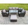 Fimous Rattan Wicker Garden Furniture Patio Conservatory Sofa Set with Rectangular Dining Table Reclining Chair 3 Seater Sofa Big Footstool Side Table