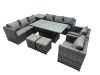 Fimous 10 Seater Outdoor Corner Sofa Height Adjustable Rising Lifting Table Set Garden Rattan Furniture Set with Side Table 2 Small Stools Dark Grey