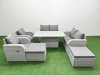 Fimous 8 Seater Outdoor Reclining Chair Love Sofa Set Rattan Garden Furniture Set with Adjustable Lifting Dining or Coffee Table 2 Big FootStools Light Grey
