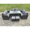 Fimous Rattan Outdoor Garden Furniture Sofa Set Gas Fire Pit Dining Table Gas Heater with Side Tables Love Sofa 2 Small Footstools Dark Grey Mixed