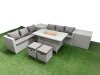 Fimous PE Rattan Lounge Sofa Set Outdoor Garden Furniture Set with Firepit Dining Table 3 Seater Sofa 2 Side Table 2 Small Stools Light Grey