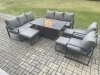 Fimous Aluminium Outdoor Garden Furniture Set Patio Lounge Sofa Gas Fire Pit Dining Table Set with 3 Footstools Dark Grey