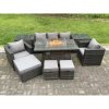 Fimous Wicker PE Rattan Garden Furniture Set Gas Fire Pit Dining Table Gas Heater Burner With 2 Armchairs 2 Side Tables Footstools 8 Seater Dark Grey Mixed