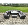 Fimous Outdoor Garden Patio Furniture Wicker Rattan Oblong Rectangular Dining Table and Lounge Sofa set with Adjustable Chair 2 Side Tables 2 Small Footstools Dark Grey Mixed