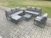 Fimous Aluminium 8 Seater Outdoor Garden Furniture Lounge Sofa Set with Square Coffee Table Chair Big Footstool Side Table Dark Grey
