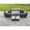 Fimous Rattan Wicker Garden Furniture Patio Conservatory Sofa Set with Rectangular Dining Table Reclining Chair 3 Seater Sofa 2 Small Footstools Side Table