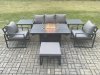 Fimous Aluminium Outdoor Garden Furniture Set Gas Fire Pit Dining Table Set Gas Heater Burner with 2 Arm Chair 2 Side Tables Big Footstool Dark Grey 6 Seater