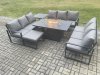 Fimous Aluminium 10 Seater Garden Furniture Outdoor Set Patio Lounge Sofa Gas Fire Pit Dining Table Set with Big Footstool Side Table Dark Grey