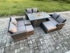 Fimous High Back Rattan Garden Furniture Sofa Sets with Outdoor Furniture Gas Firepit Dining Table Set 3 Footstools Dark Grey Mixed