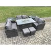 Fimous 8 Seater Outdoor Rattan Furniture Garden Dining Set Gas Fire Pit Table with Side Table Love Sofa 2 Small Footstools Dark Grey Mixed