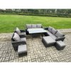 Fimous Outdoor Garden Patio Furniture Wicker Rattan Oblong Rectangular Dining Table and Lounge Sofa set with Adjustable Chair 3 Footstool Dark Grey Mixed