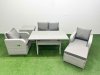 Fimous Light Grey PE Wicker Rattan Garden Furniture Set Sofa Set Reclining Chair Rectangular Dining Table 5 Seater With Footstool Side Table