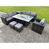 Fimous Outdoor Rattan Garden Corner Furniture Gas Fire Pit Table Sets Gas Heater Lounge Chair Small Footstool Dark Grey 9 Seater