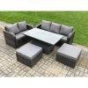 Fimous Outdoor Rattan Garden Furniture Sets Height Adjustable Rising lifting Dining Table Lounge Sofa Set With 2 Big Footstool Dark Grey Mixed