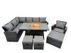 Fimous Poly Rattan Outdoor Patio Gas Firpit Dining Table Corner Sofa Set with 3 Stools Chair for Garden Backyard Dark Grey Mixed