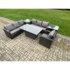 Fimous Outdoor Rattan Garden Furniture Sets Height Adjustable Rising lifting Dining Table Sofa Set with Reclining Chair 2 Side Tables Dark Grey Mixed