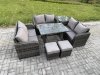 Fimous Rattan Garden Furniture Set 8 Seater Patio Outdoor Love Sofa Set with Rectangular Dining Table Side Table 2 Small Footstools Dark Grey Mixed