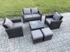 Fimous 6 Seater Outdoor Garden Furniture High Back Rattan Sofa Set with Square Coffee Table 2 Small Footstools Dark Grey Mixed