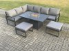 Fimous Aluminium Patio Outdoor Garden Furniture Corner Sofa Set Gas Fire Pit Dining Table with 2 Big Footstools Dark Grey