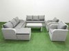 Fimous PE Rattan High Back Lounge Sofa Set Patio Oblong Coffee Table & Chairs Set with 3 Seater Sofa Reclining Chair Big Footstool Light Grey