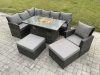 Fimous 9 Seater Rattan Garden Furniture Set High Back Corner Sofa Gas Fire Pit Dining Table Sets Gas Heater with 2 Big Footstool Armchair Dark Grey Mixed