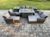 Fimous Outdoor Garden Furniture Sets 10 Pieces Wicker Rattan Furniture Gas Firepit Dining Table Sofa Set with 3 Footstools 2 Side Tables Dark Grey Mixed