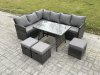 Fimous Wicker Rattan Garden Furniture Corner Sofa Set with Oblong Dining Table 3 Small Footstools 9 Seater Outdoor Rattan Set Dark Grey Mixed