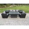 Fimous Rattan Garden Furniture Sofa Set Outdoor Adjustable Rising Lifting Dining Table Set with 2 Armchairs 2 Side Tables Dark Grey Mixed