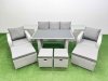 Fimous 9 Seater Patio Garden Furniture Sets with Black Glass Top Dining Table Love Sofa 2 Side Tables 4 Stools Light Grey