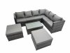 Fimous Outdoor Sofa Oblong Coffee Table Set Rattan Garden Furniture Set with 2 Big Stools Dark Grey Mixed
