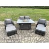 Fimous Rattan Outdoor Garden Furniture Sofa Set Gas Fire Pit Dining Table Gas Heater with Love Sofa 2 Big Footstool Dark Grey Mixed