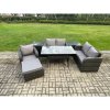 Fimous Lounge Rattan Sofa Set Outdoor Garden Furniture Oblong Rectangular Dining Table With Chairs 2 Side Tables Big Footstool Dark Grey Mixed