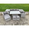 Fimous Rattan Outdoor Garden Funiture Set Height Adjustable Rising Lifting Table Sofa Dining Set with 2 Armchairs 2 Side Tables Footstools