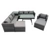 Fimous Outdoor Corner Sofa Chair Dining Table Set Garden Rattan Furniture Set 9 Seater with Side Table 2 Big Stool Dark Grey