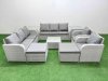 Fimous PE Rattan High Back Lounge Sofa Set Patio Square Coffee Table & Chairs Set with 3 Seater Sofa Reclining Chair 2 Big Footstool 2 Side Table Light Grey