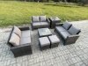 Fimous 7 PCS Outdoor Lounge Sofa Set Wicker PE Rattan Garden Furniture Set with Square Coffee Table Double Seat Sofa Side Table 2 Small Footstools Dark Grey Mixed