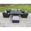 Fimous Outdoor Rattan Garden Furniture Sofa Set Adjustable Rising Lifting Dining Table Set with Side Table 2 Armchairs Big Footstool Dark Grey Mixed
