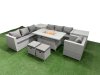 Fimous 9 Seat PE Rattan Lounge Sofa Set Outdoor Garden Furniture Set with Firepit Dining Table 3 Seater Sofa 2 Small Stools 2 Side Tables Light Grey