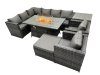 Fimous Rattan Garden Furniture Dining Set 9-seater Gas Firepit Dining Table Corner Sofa Set with Big Stool Side Table Dark Grey Mixed