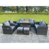 Fimous Dark Mixed Grey Rattan Outdoor Garden Furniture Gas Fire Pit Table Sets Gas Heater Lounge Love Sofa Recling Chairs Footstools 9 Seater