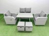 Fimous Light Grey PE Wicker Rattan Garden Furniture Set Sofa Set Reclining Chair Love Sofa Rectangular Dining Table 2 Small Stools