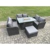 Fimous Rattan Outdoor Garden Furniture Sofa Set Gas Fire Pit Dining Table Gas Heater with Love Sofa Big Footstool Dark Grey Mixed