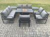 Fimous Aluminium Garden Furniture Outdoor Set Patio Lounge Sofa Gas Fire Pit Dining Table Set with 3 Armchair 2 Side Table Dark Grey