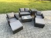 Fimous 6 Seater Dark Grey Outdoor Rattan Garden Furniture Set Patio Lounge Sofa Rectangular Coffee Table with Side Table 2 Big Footstool