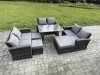 Fimous Outdoor Lounge Sofa Set Wicker PE Rattan Garden Furniture Set with Rectangular Dining Table 2 Seat Sofa 3 Footstools Dark Grey Mixed