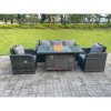 Fimous Dark Mixed Grey Rattan Outdoor Garden Furniture Gas Fire Pit Table Gas Heater Sets Lounge Sofa Reclining Adjustable Chairs 5 Seater
